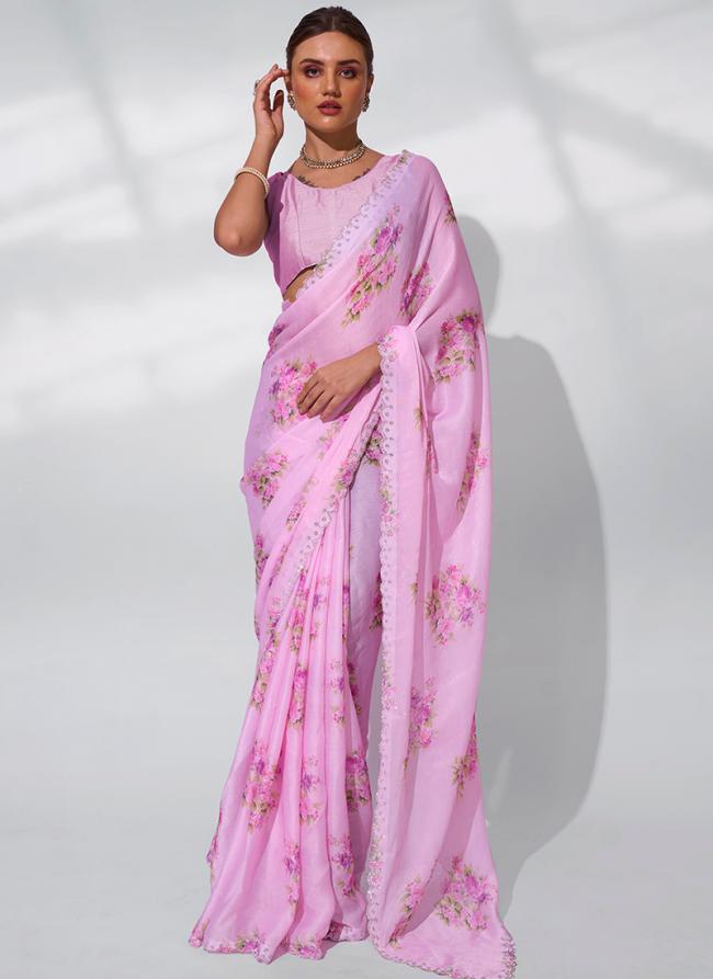 Satin Shimmer Pink Ceremonial Wear Printed Saree